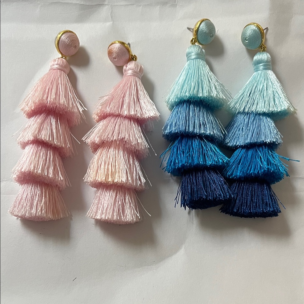 Tiered Tassel Drop Earrings - set of 2 Pink and Blue